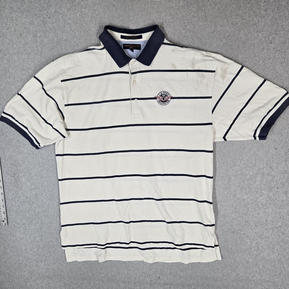 VINTAGE Tommy Hilfiger Men Polo 2XL White Striped Golf Short Sleeve Preppy READ